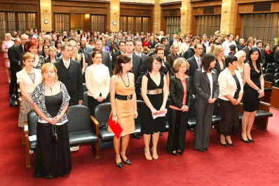 A Group of doctoral graduates and guests during the formal PhD ceremony at Comenius University in 2009. Doctoral graduates and guests at the ceremony at Comenius University in 2009.