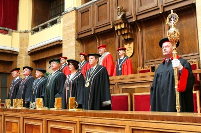 Members of the university board during the formal conferment at Comenius University in 2009. Members of the university board during the PhD conferment at Comenius University Bratislava (2009).